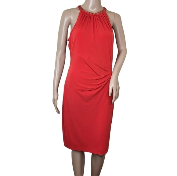 CACHE Red Gold Chain Neck Sheath Dress - Picture 1 of 6